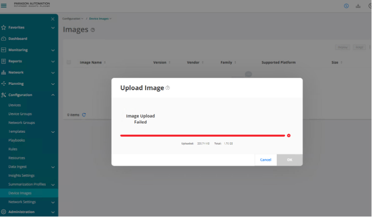 [Paragon Automation] Device Image upload on web-UI fails in PA-24.1