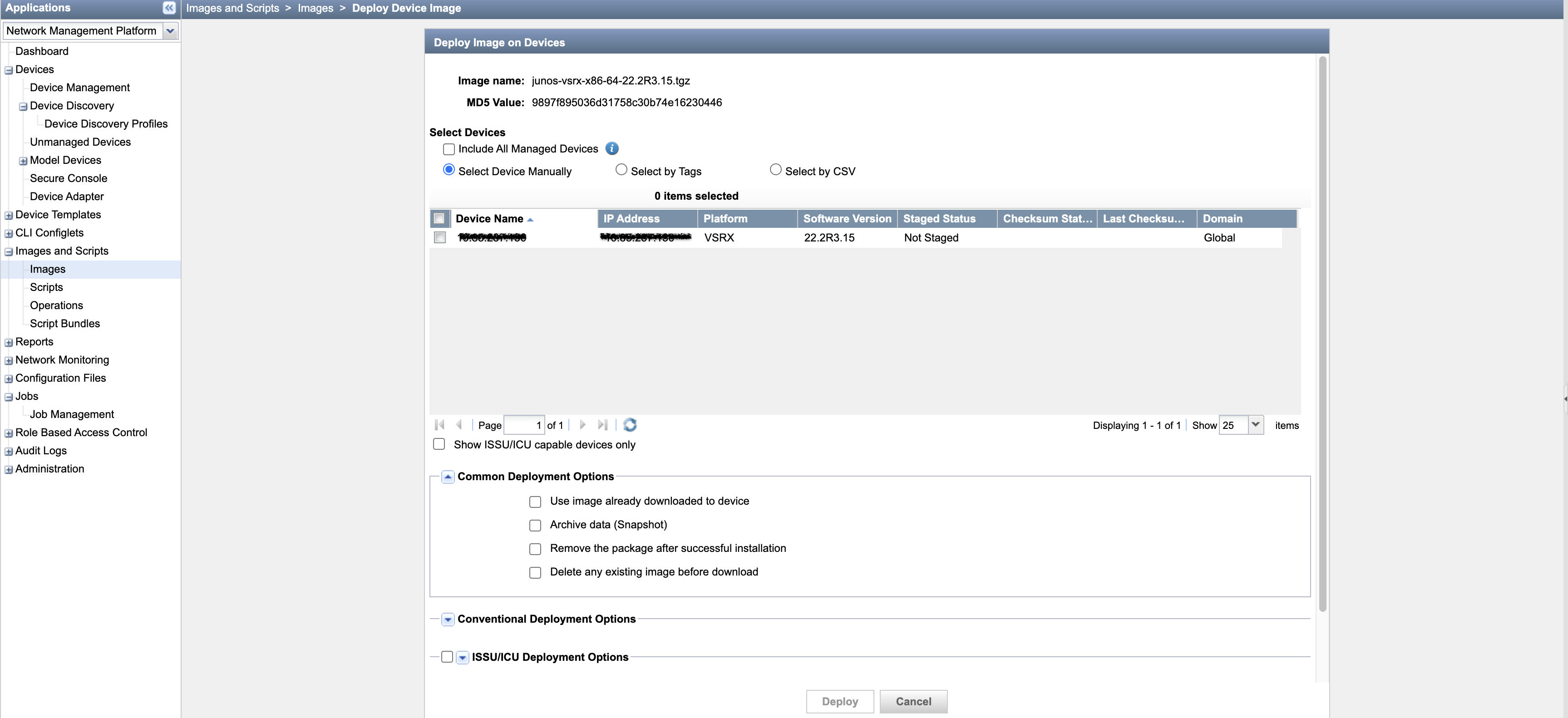 [Junos Space] unable to deploy/stage device image for upgrade