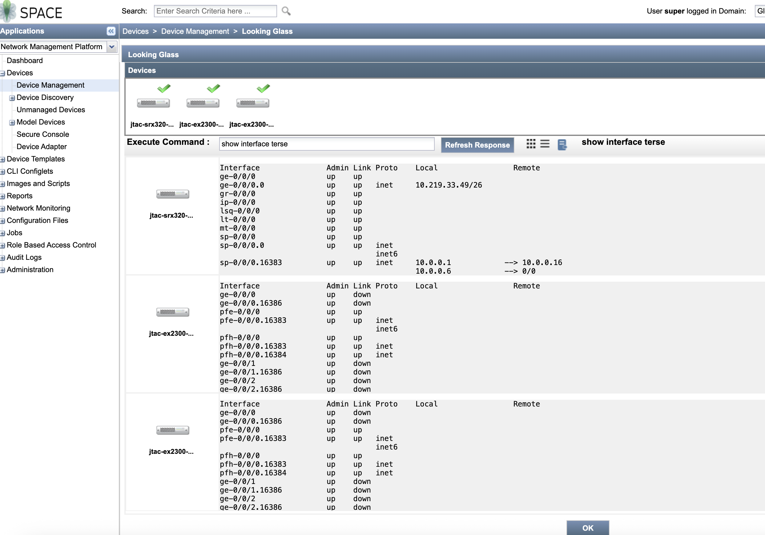 [Junos space] Getting the show command output of managed device in ...