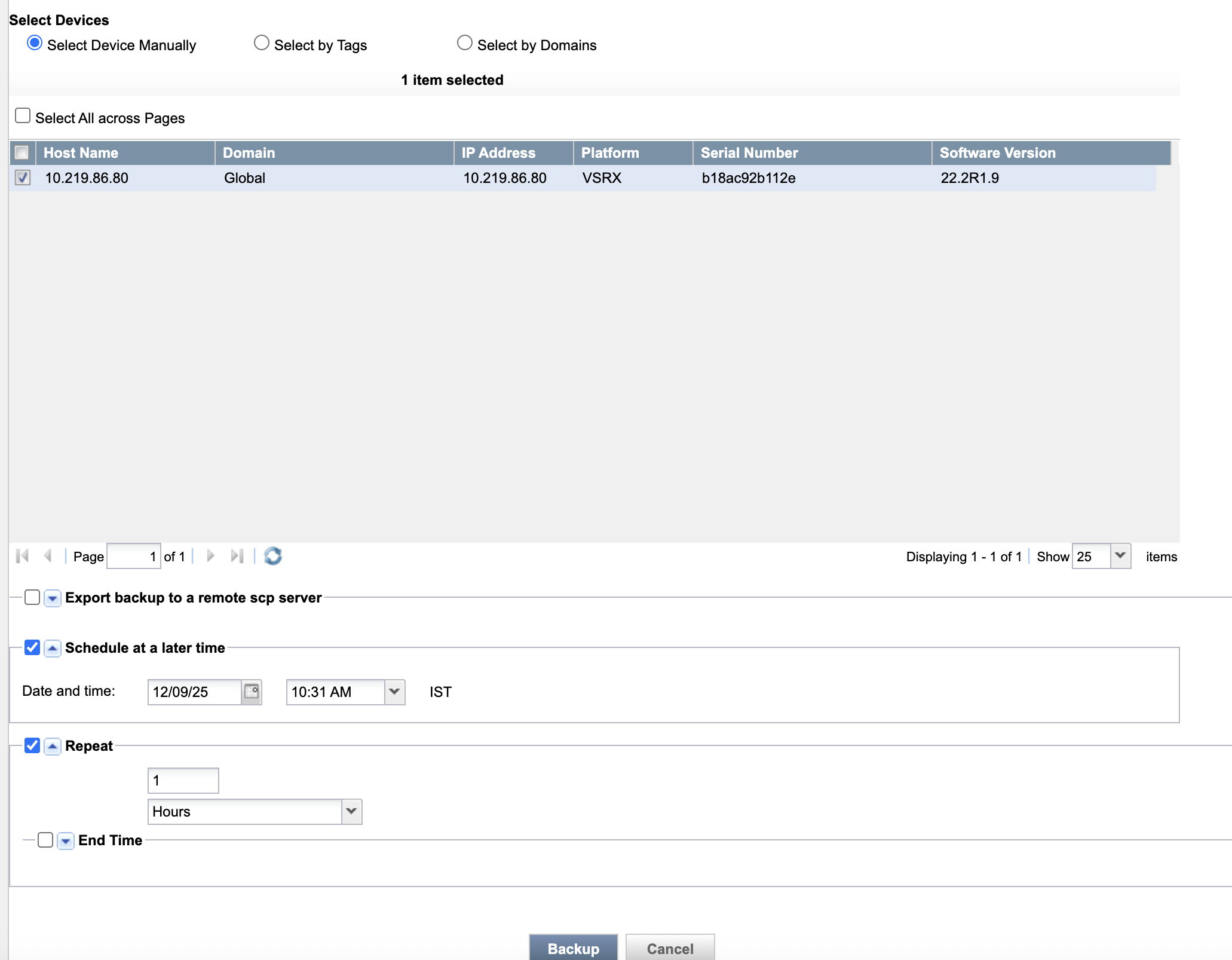 [Junos space] Scheduled config backup for managed device in Junos space.
