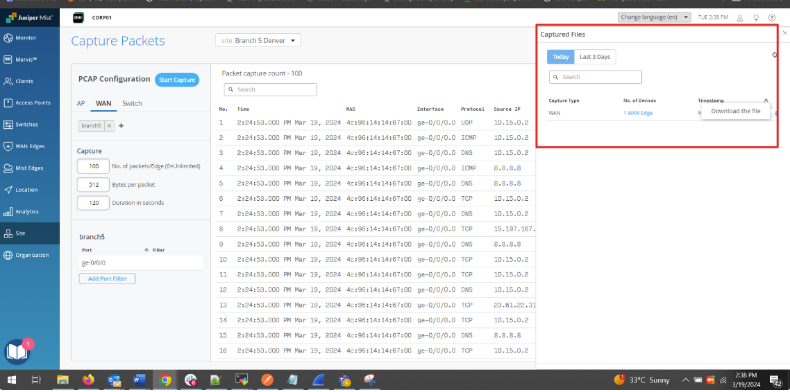 How to configure Pcap on mist