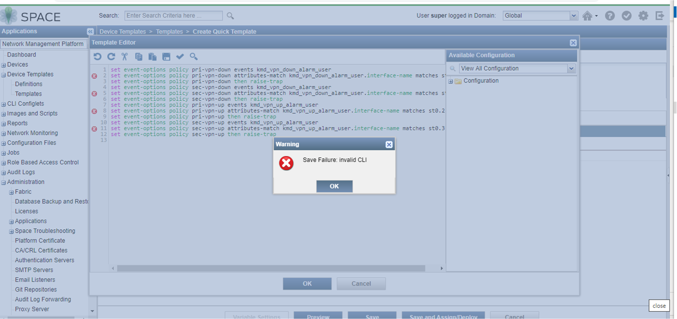 [Junos Space] 'save failure invalid CLI error' when using template kmd