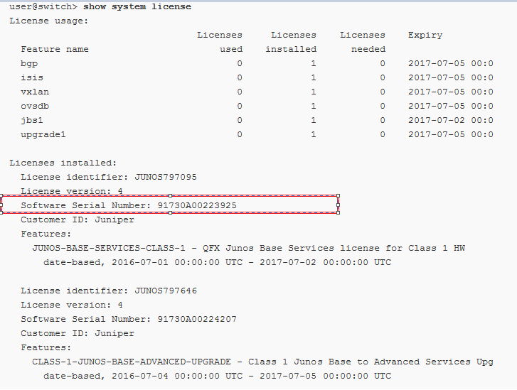 How to locate Software Serial Number (SSRN) in Juniper Agile License (JAL)  for Junos OS products